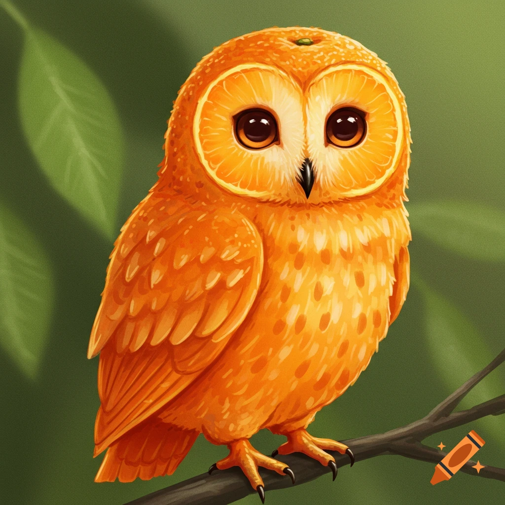 An adorable owl made of orange slices perches on a branch.