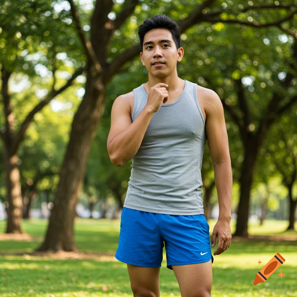 A man in a gray tank top and blue shorts stands in a park.