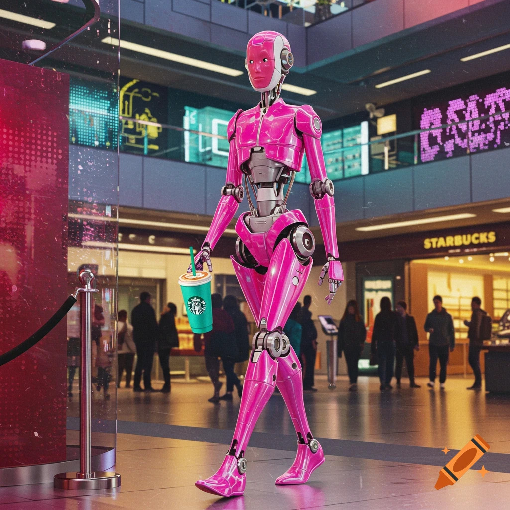 A pink futuristic robot walks through a mall holding a Starbucks drink.