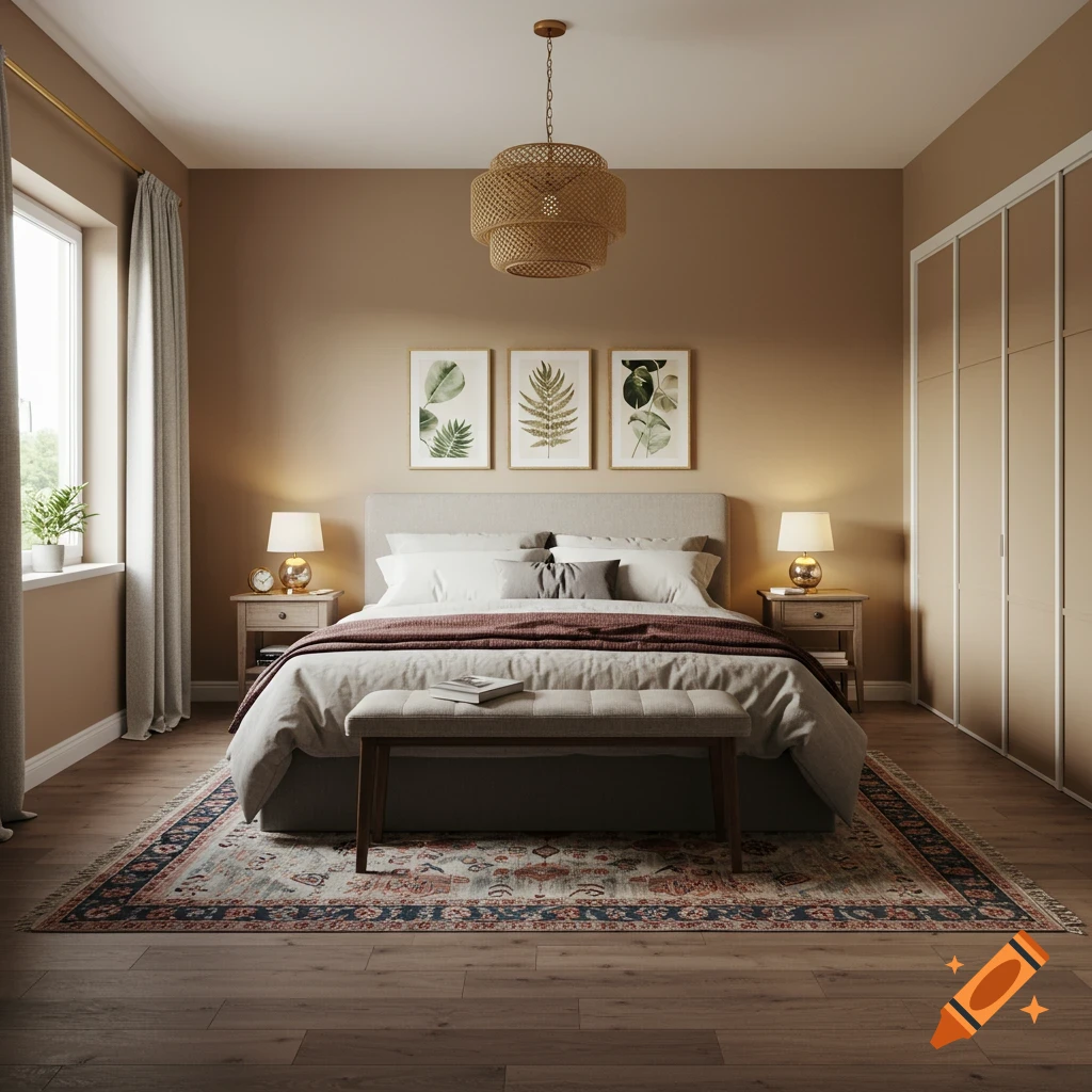 A modern bedroom with a bed, bench, rug, nightstands, lamps, and botanical artwork on the wall.