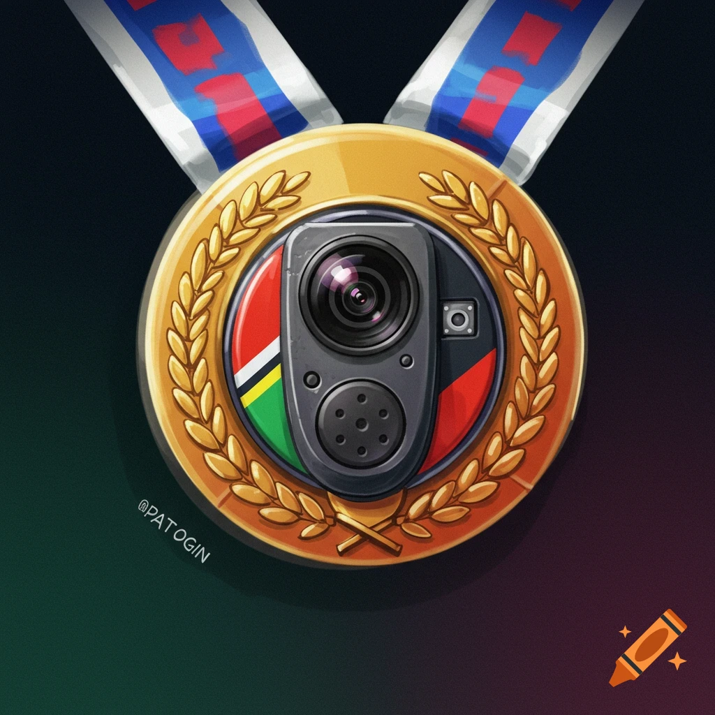 A gold medal with a camera and speaker device in the center, framed by laurel leaves. It hangs from a red, white, and blue ribbon.