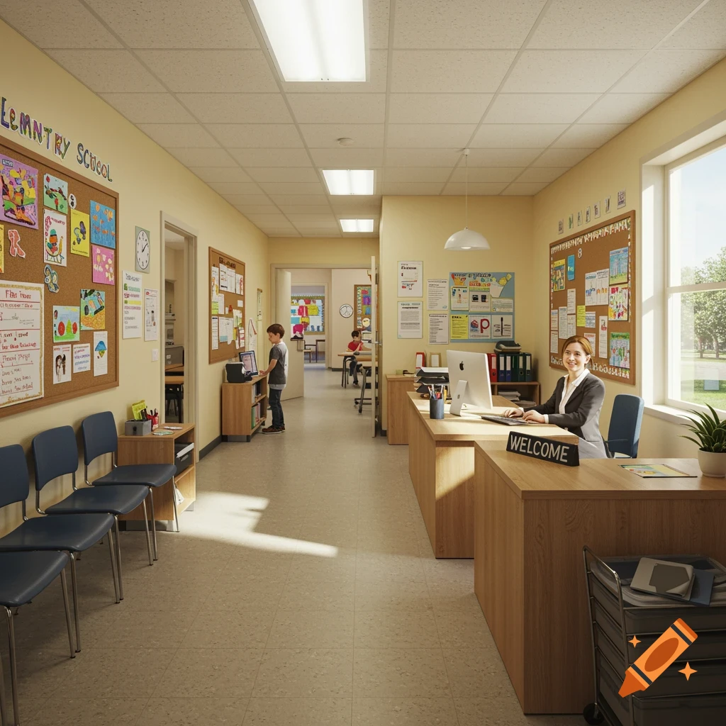 A realistic image of a school front office with a desk, a staff member, bulletin boards, and students.