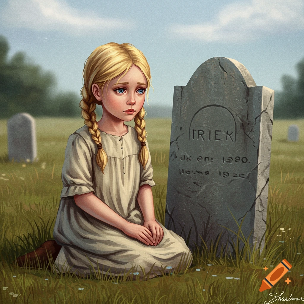 Illustration of a sad blonde girl kneeling beside a grave in a grassy cemetery.