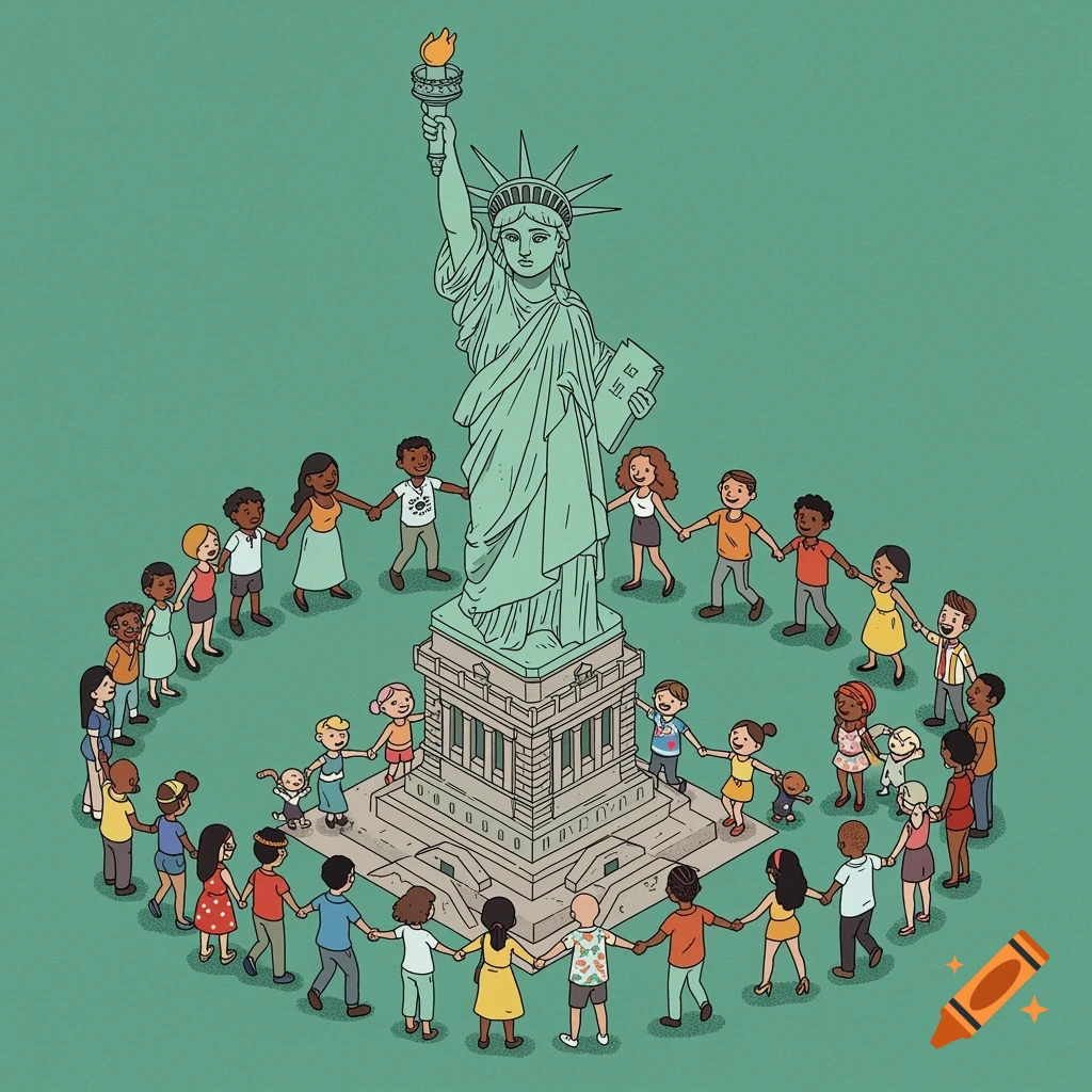 Cartoon illustration of the Statue of Liberty surrounded by diverse children holding hands.