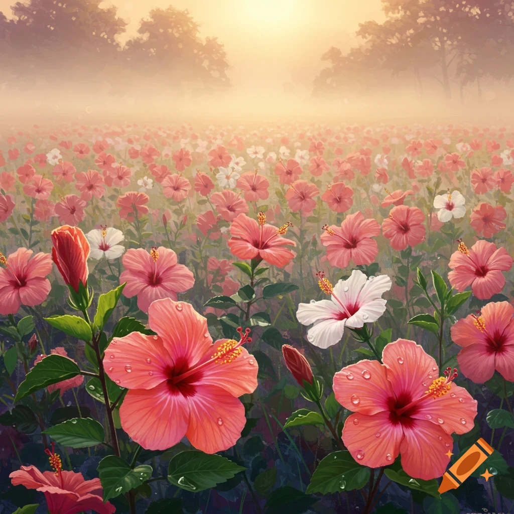 A field of pink and white hibiscus flowers in the morning mist, with dew drops on the petals.