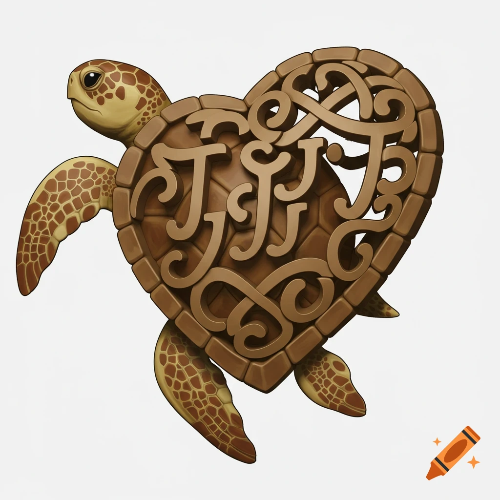 A 3D sea turtle with an ornamental heart-shaped shell featuring interwoven letters J.