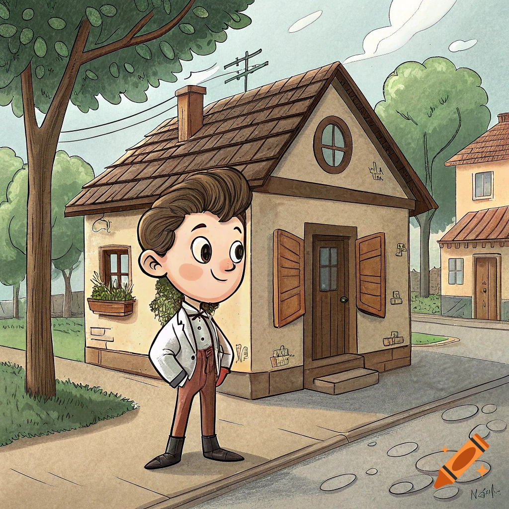 Cartoon illustration of a boy standing on a sidewalk in front of a small house, like a children's book.