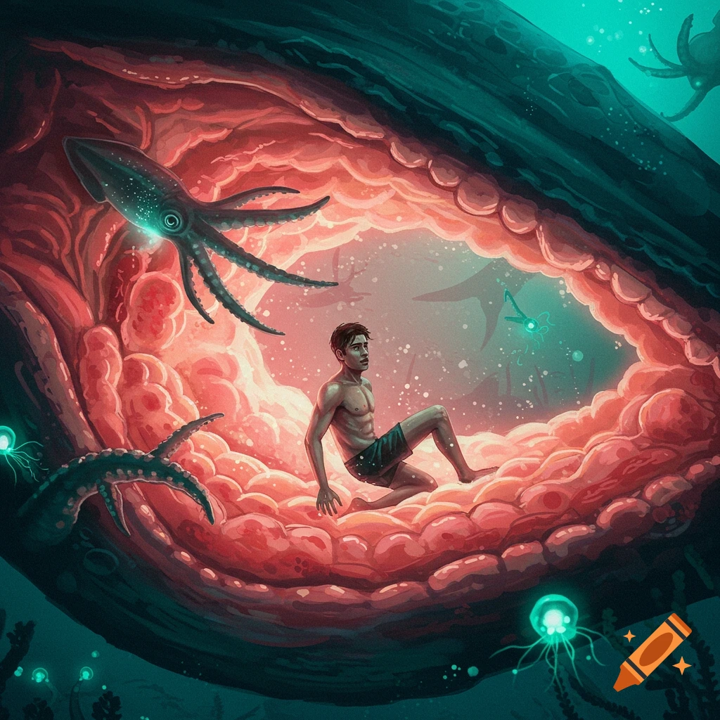 Illustration of a man inside a large creature's cavernous mouth/stomach, surrounded by glowing sea life.
