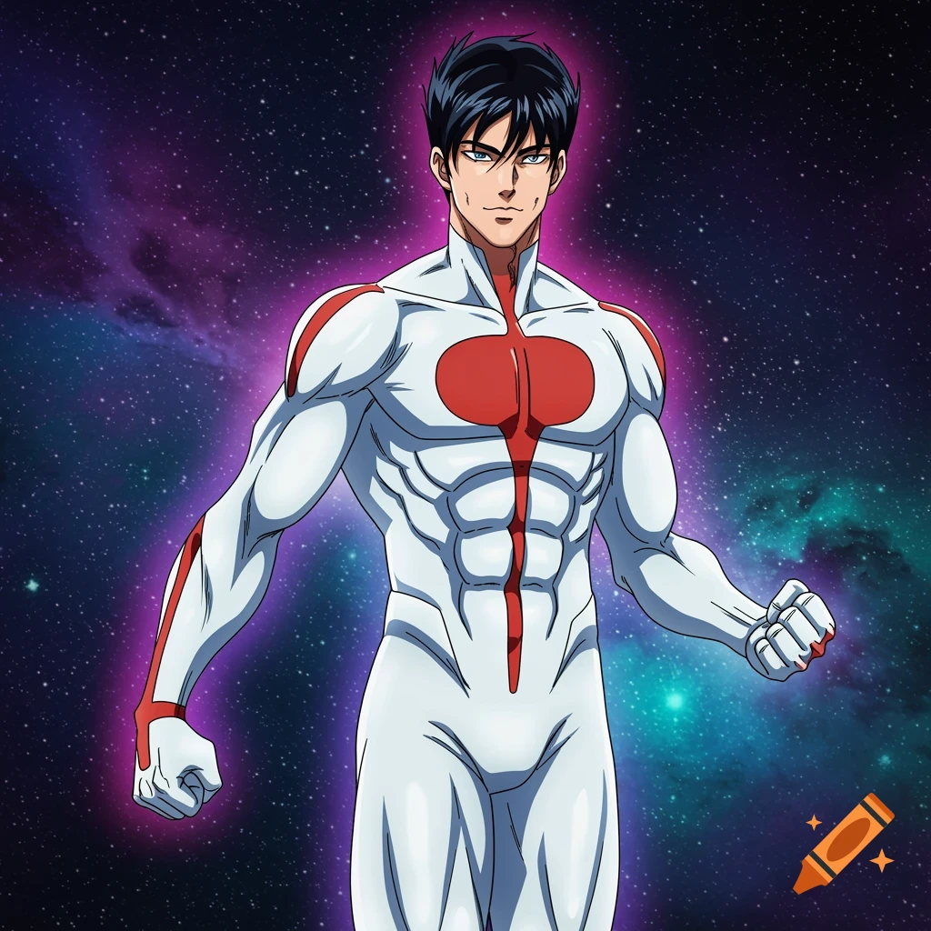 An anime style drawing of a male superhero in a white and red suit standing in space.