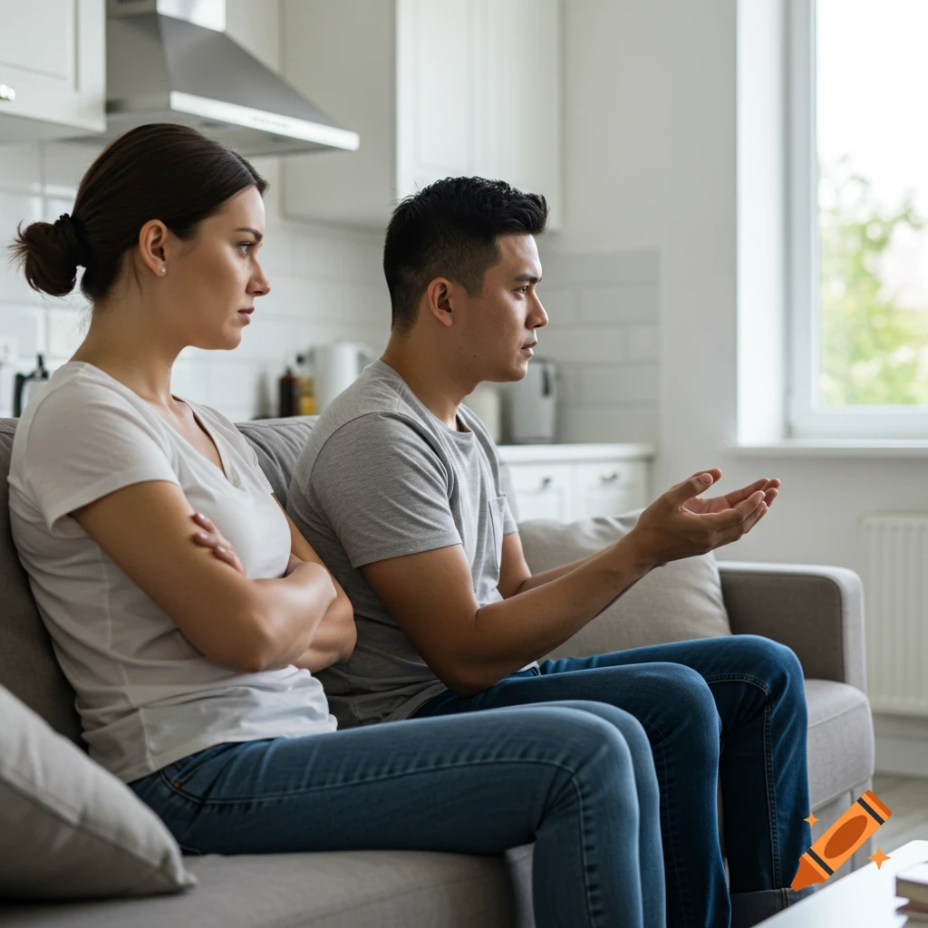 A couple sits on a couch in a living room, appearing to argue. The woman is turned away, arms crossed, while the man faces her with open hands.