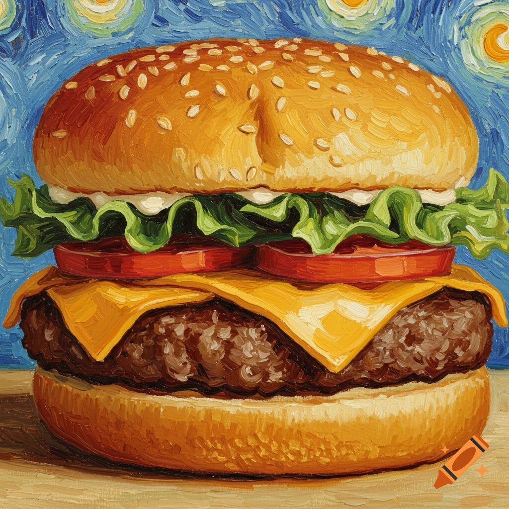 Painting of a cheeseburger in the style of Van Gogh.