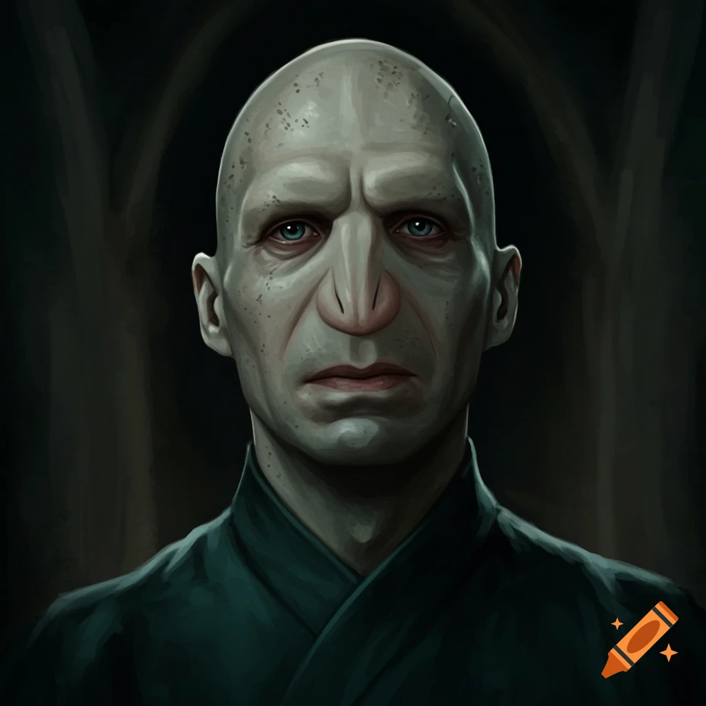 Painterly portrait of a bald, pale man with blue eyes and a nose, wearing dark robes, in a dark, shadowy setting.