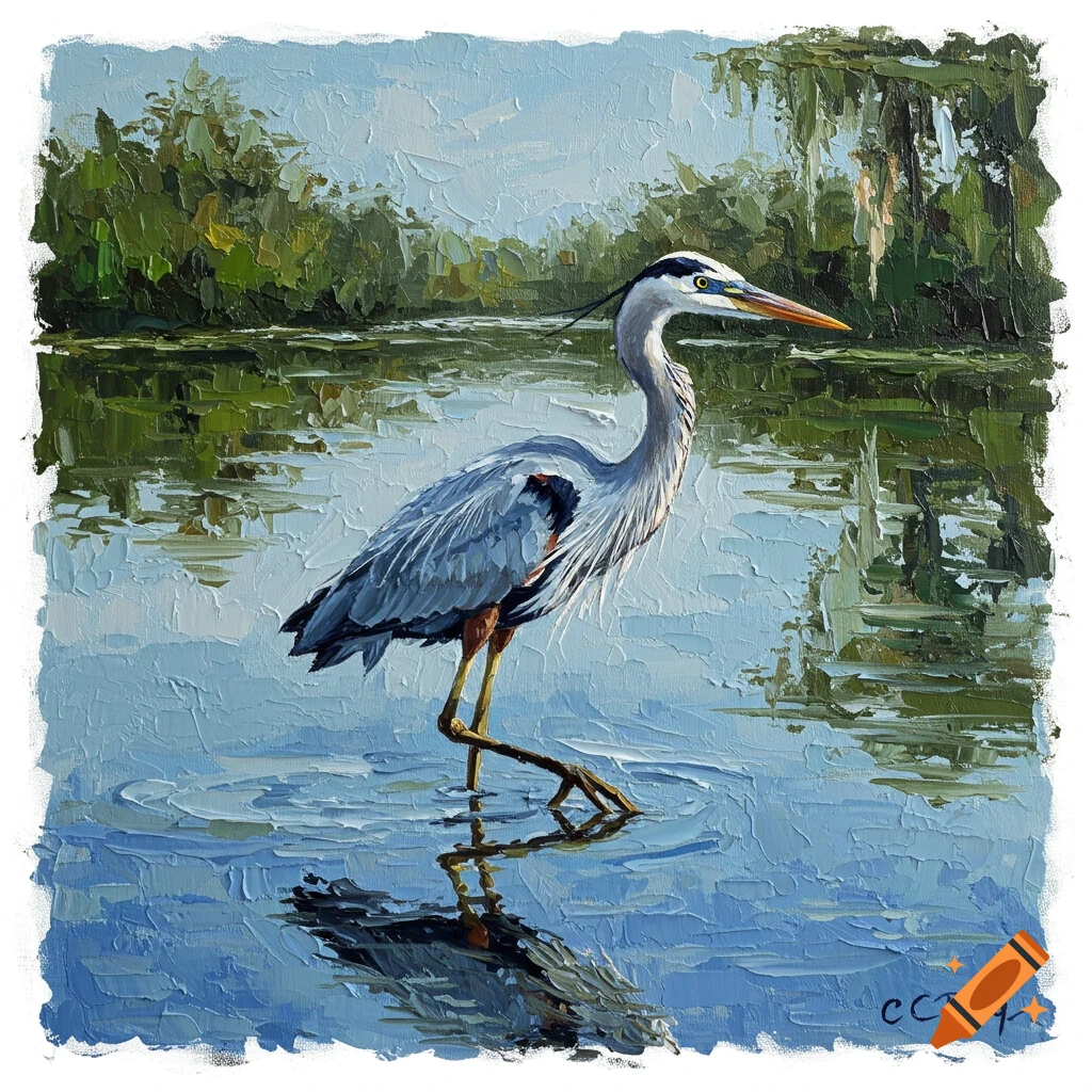 Impasto painting of a blue heron wading in a bayou.