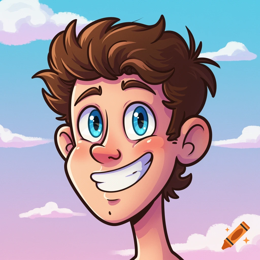 Cartoon portrait of a smiling young man with brown hair and blue eyes against a sky background.
