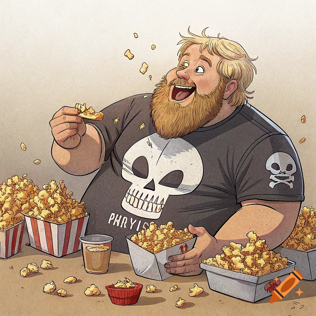 A cartoon illustration of a happy man eating popcorn from several containers. He wears a t-shirt with a skull.
