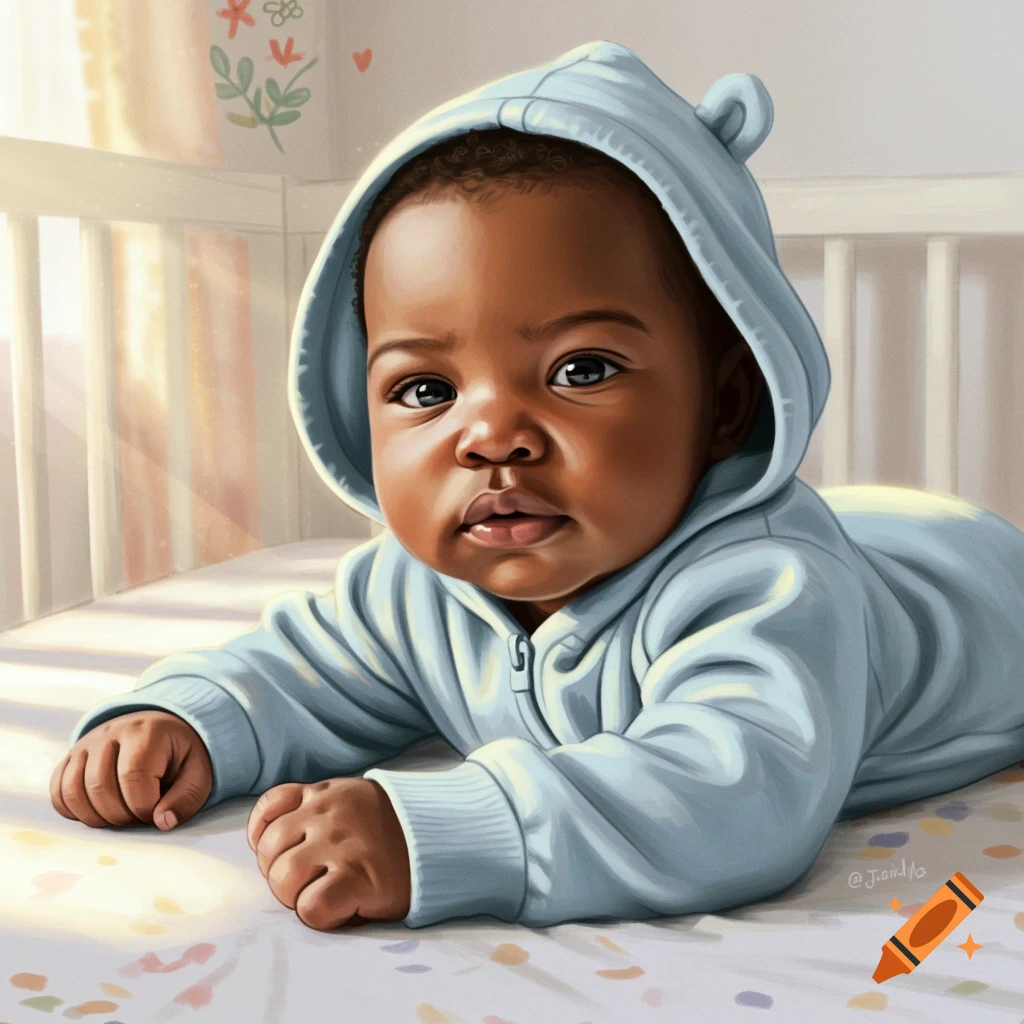 Cute baby in a blue hoodie lies in a crib