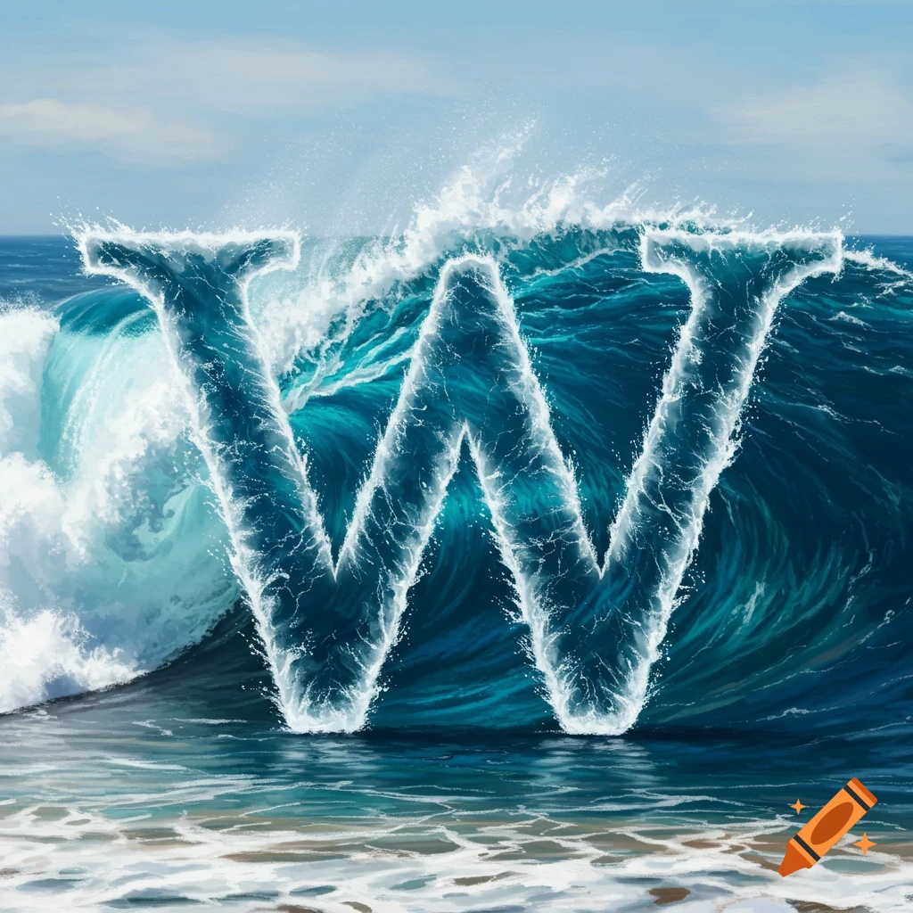 A large letter W made of a blue ocean wave crashes onto a sandy beach.