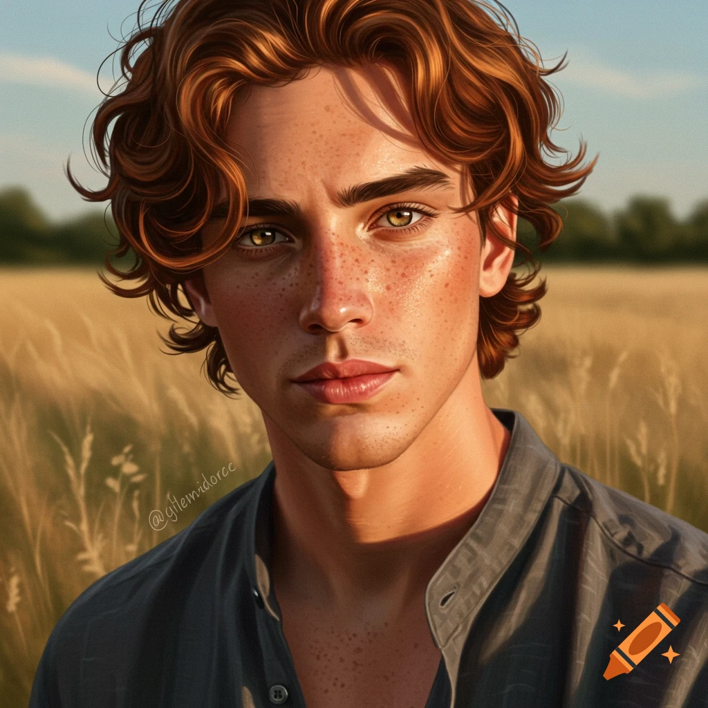 Portrait of a young man with auburn hair and freckles standing in a sunny field.