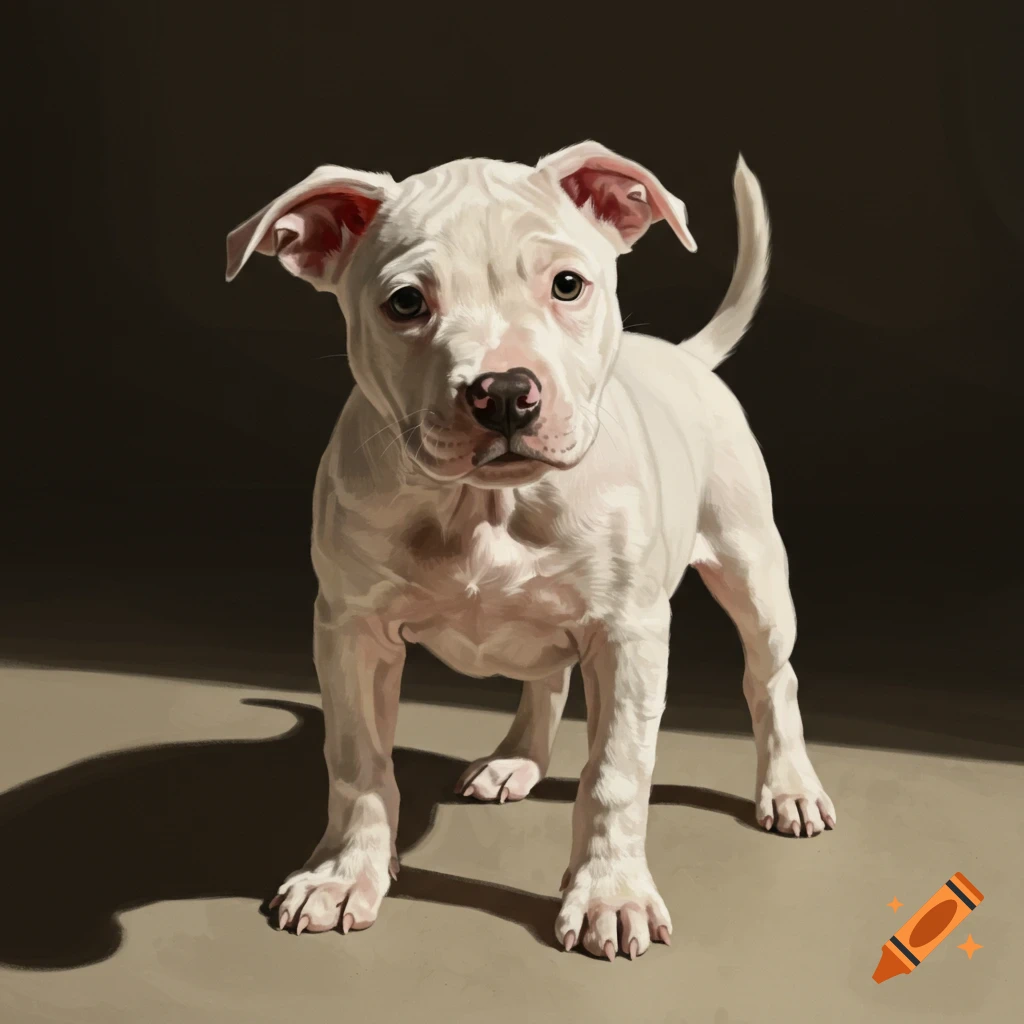 A white pitbull puppy looks forward.