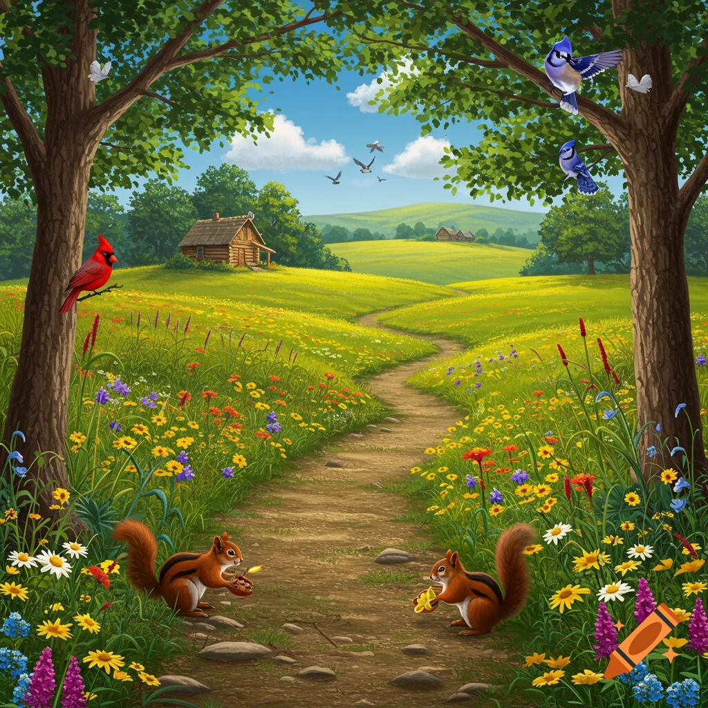A nature path winds through a meadow with wildflowers towards a cabin and hills. Two squirrels are on the path. A cardinal sits on a tree, and blue jays are in another.