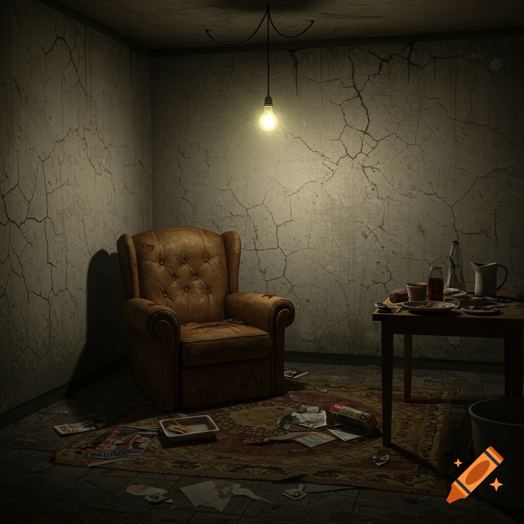 A gloomy, cluttered room with a worn leather armchair, a small table with junk, and papers scattered on the floor under a single bare lightbulb.