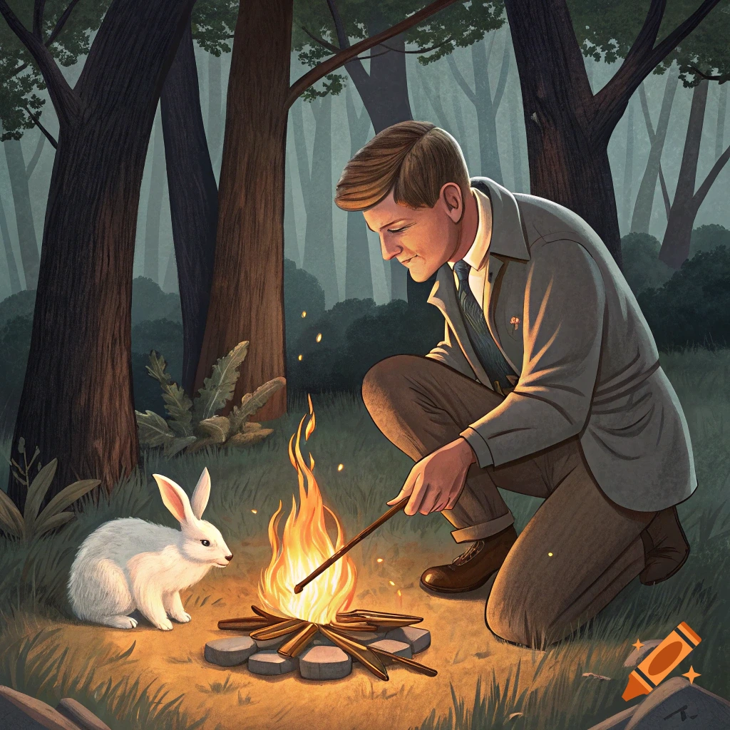 An illustration of a man resembling JFK kneeling by a campfire with a white rabbit beside him in a forest.