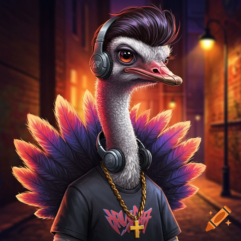 Stylized illustration of an ostrich wearing headphones, t-shirt, and gold chain in a city alley.