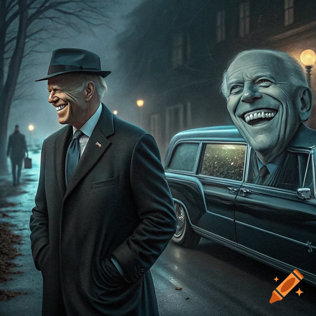 Two caricatured figures resembling Joe Biden, one in a hat on a dark street and another grinning from a car window.