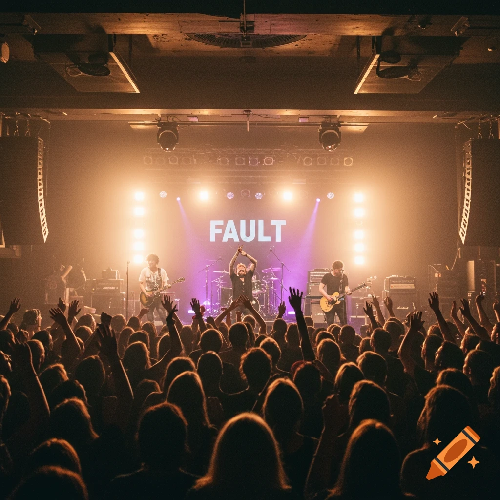 A band plays on a stage in front of a large crowd with hands raised. Bright stage lights illuminate the scene, and the word "FAULT" is visible on a screen behind the band.