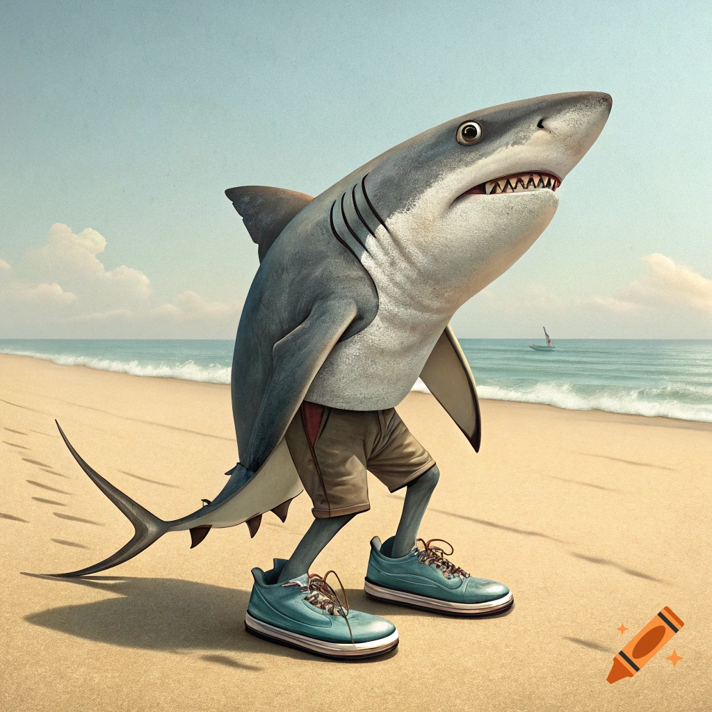 A shark stands on a sandy beach wearing shorts and shoes, looking surprised.