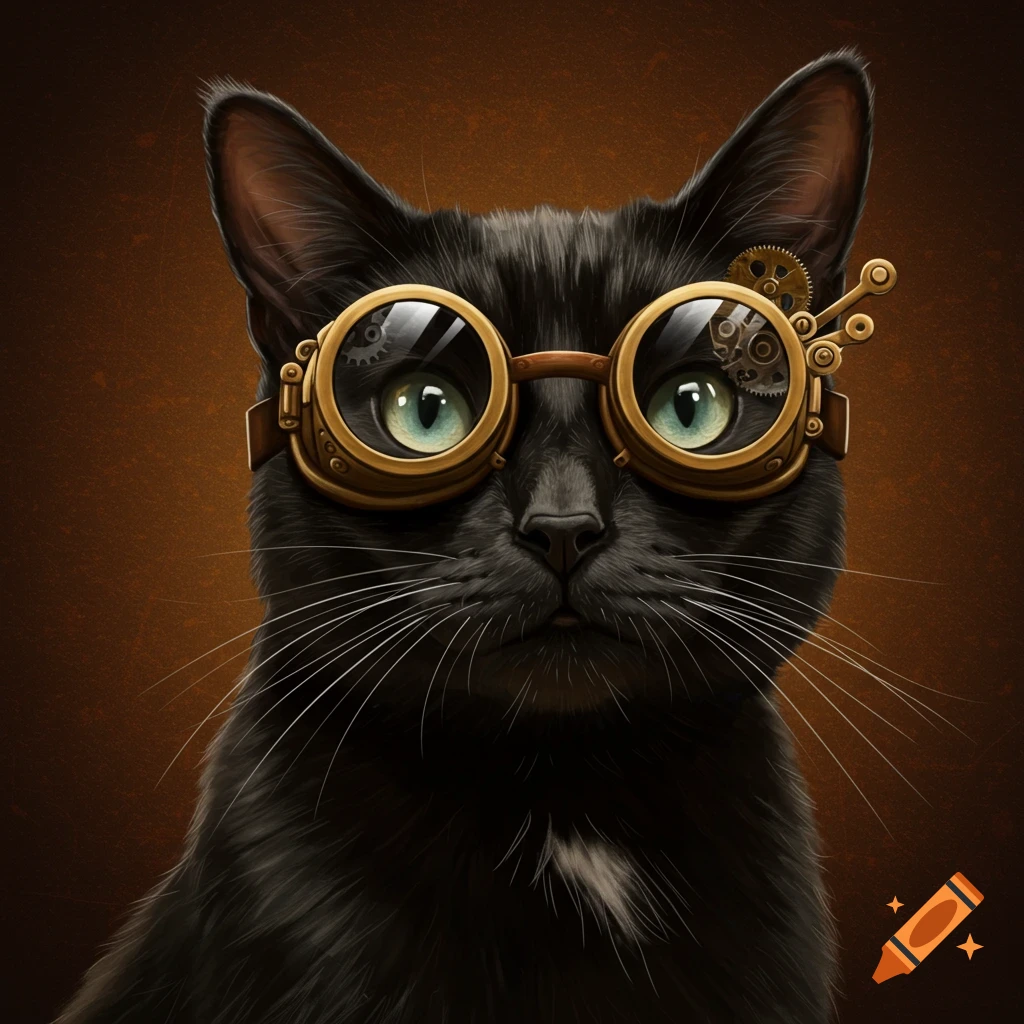 A black cat wearing steampunk goggles