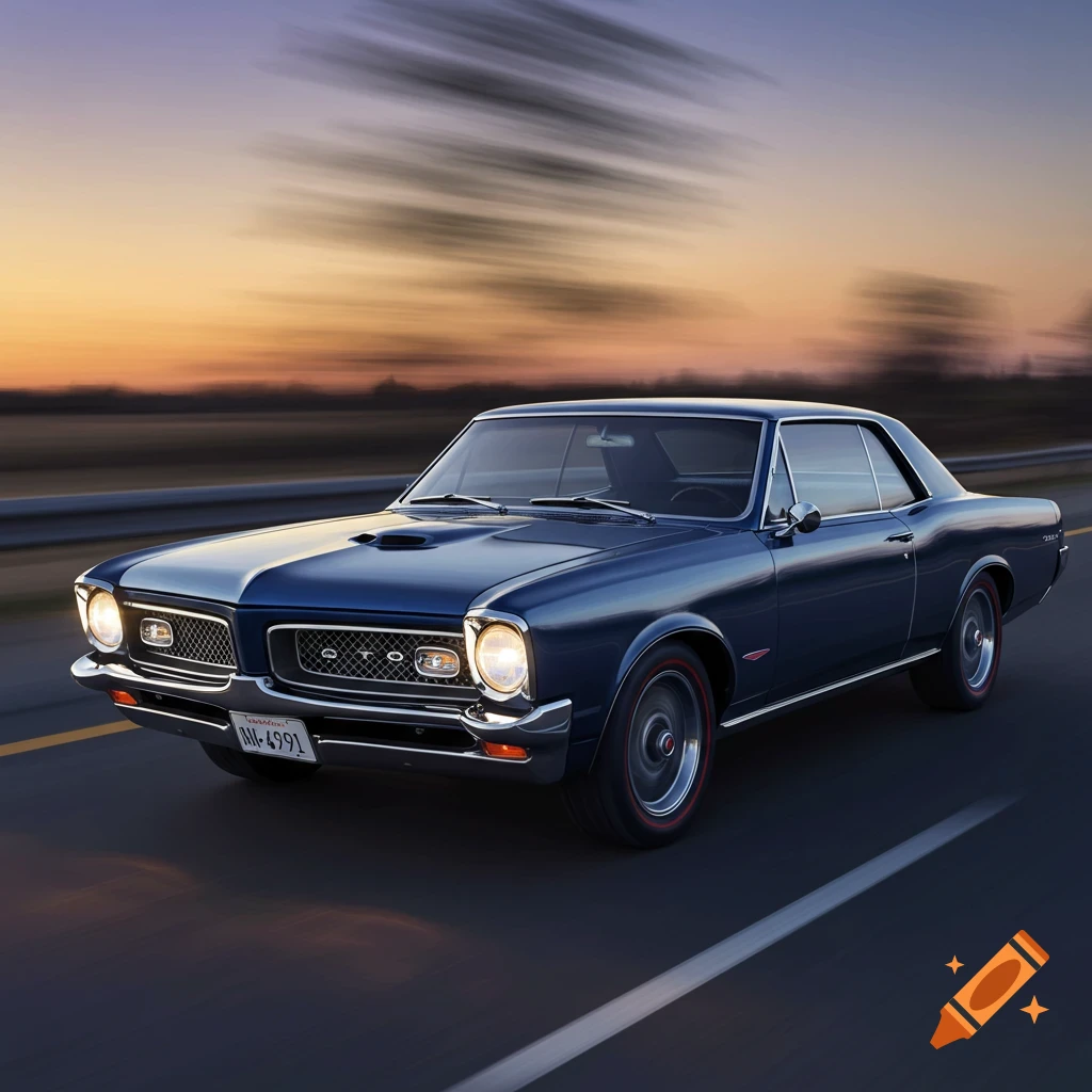 Blue classic Pontiac GTO driving fast on a road at sunset.
