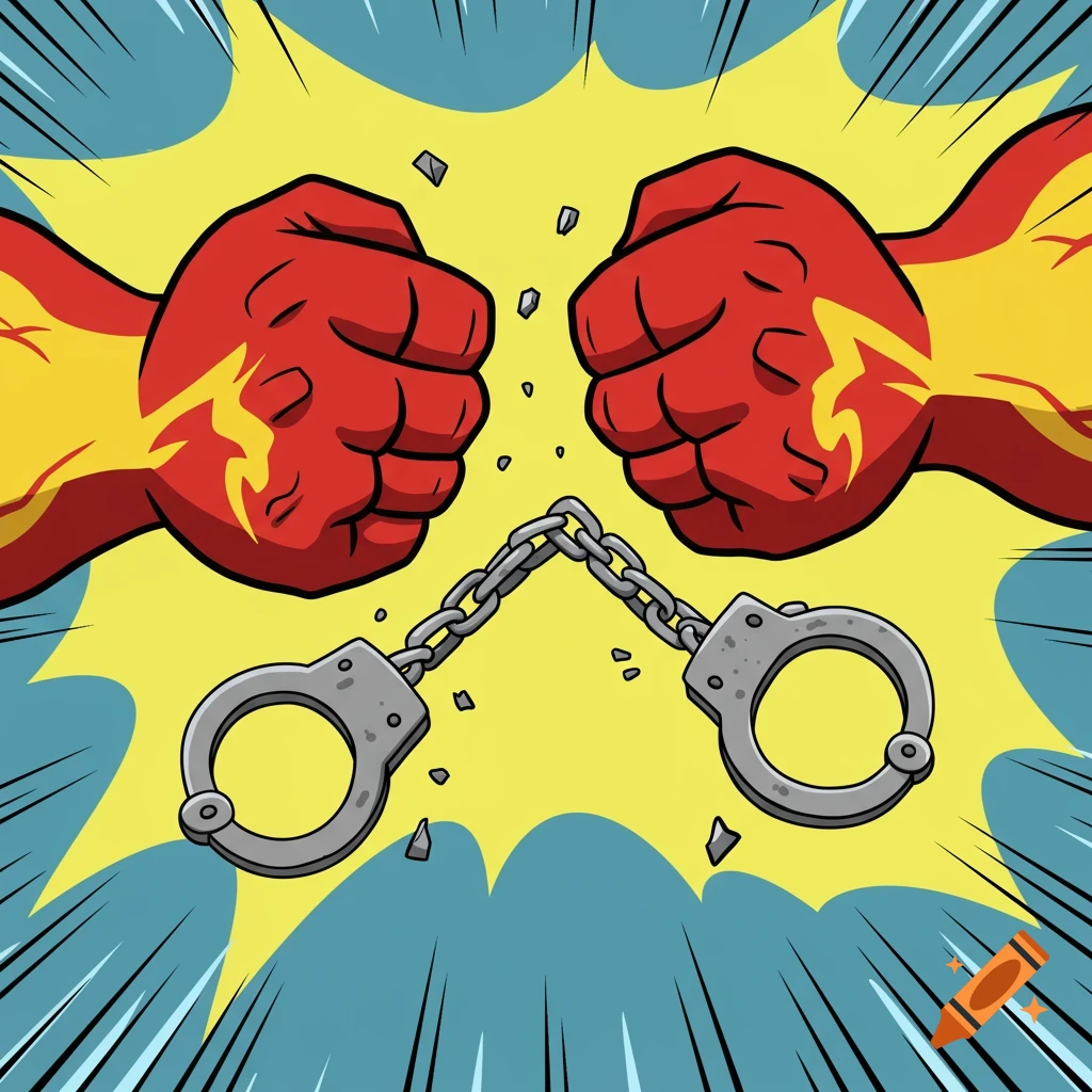 Cartoon fists breaking a handcuff chain with a comic book burst background.