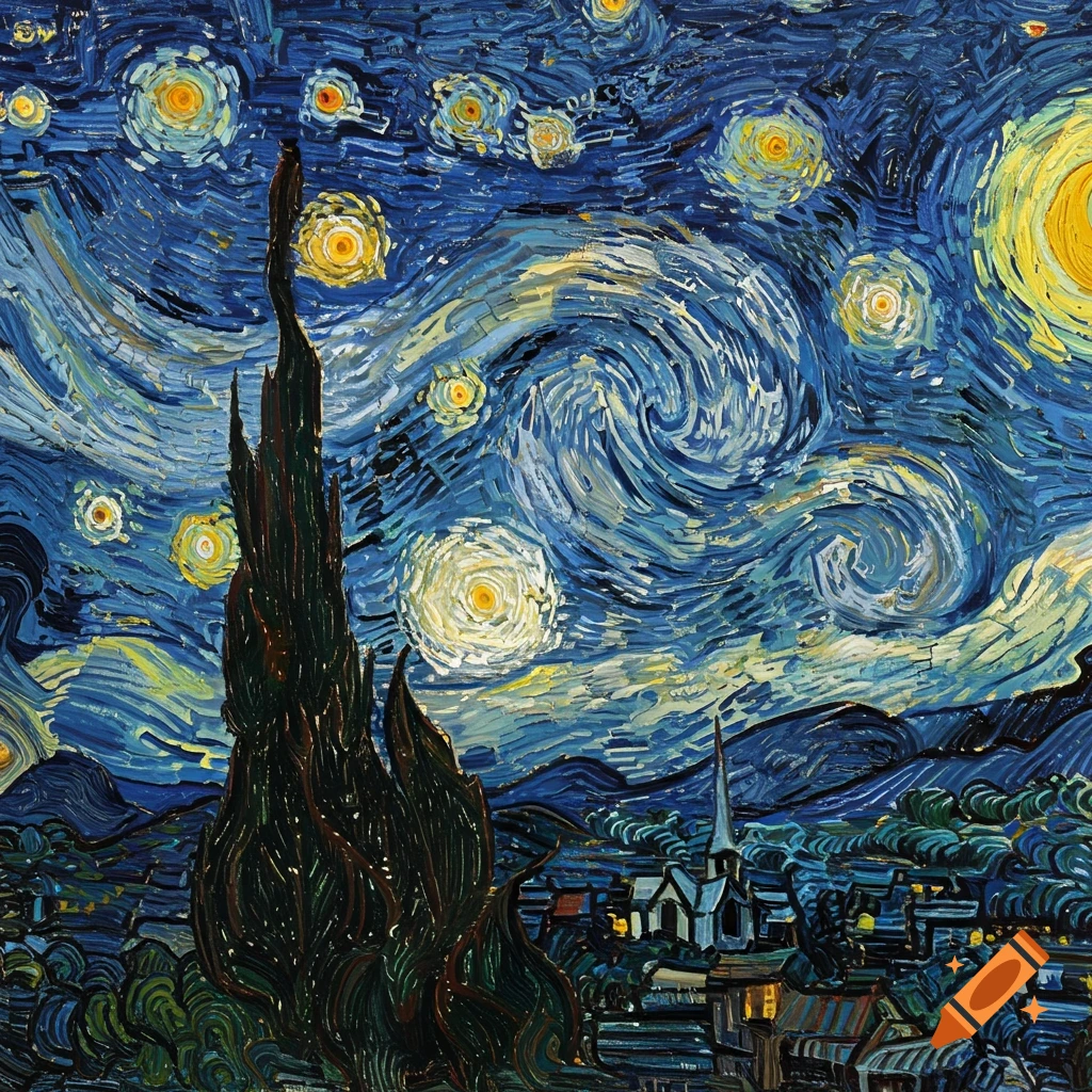 Painting in the style of Van Gogh's Starry Night, showing a swirling night sky, stars, moon, cypress tree, and village.