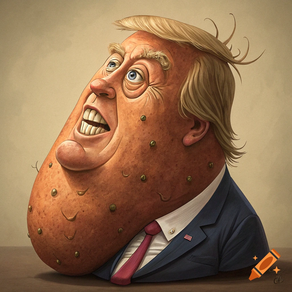A caricature illustration of Donald Trump depicted as a sweet potato wearing a suit and tie.