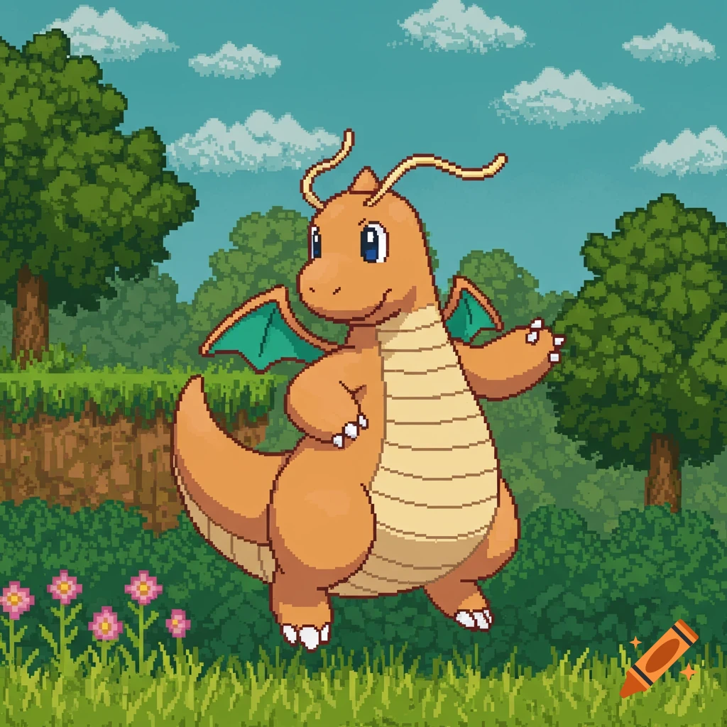 Pixel art of Dragonite standing in a grassy field with trees and clouds.