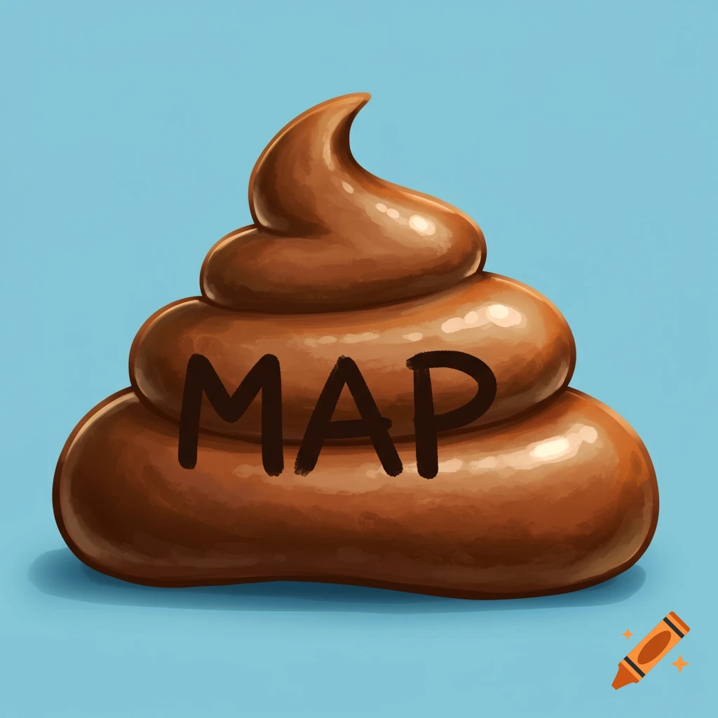 Cartoon illustration of a pile of poop with the word MAP written on it.