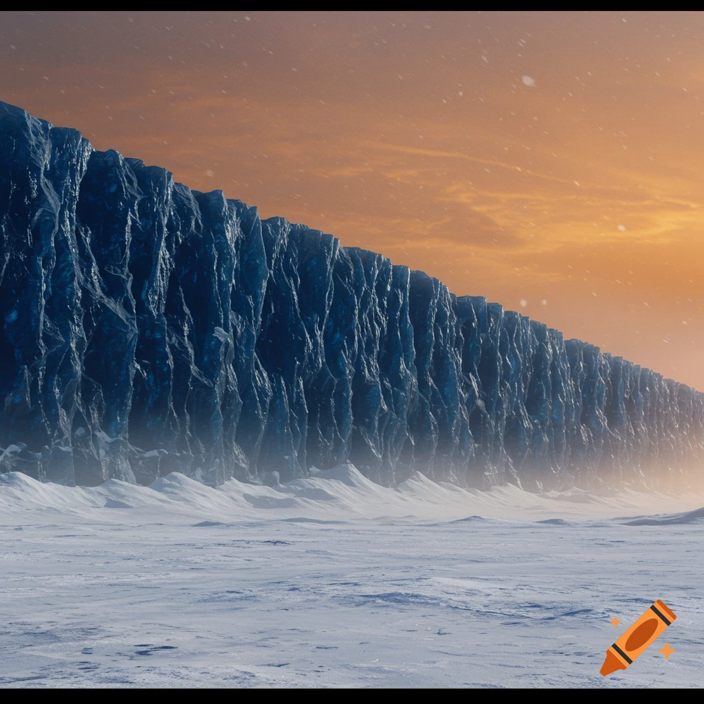 A vast dark blue ice wall towers over a snowy landscape under an orange sky with falling snow.
