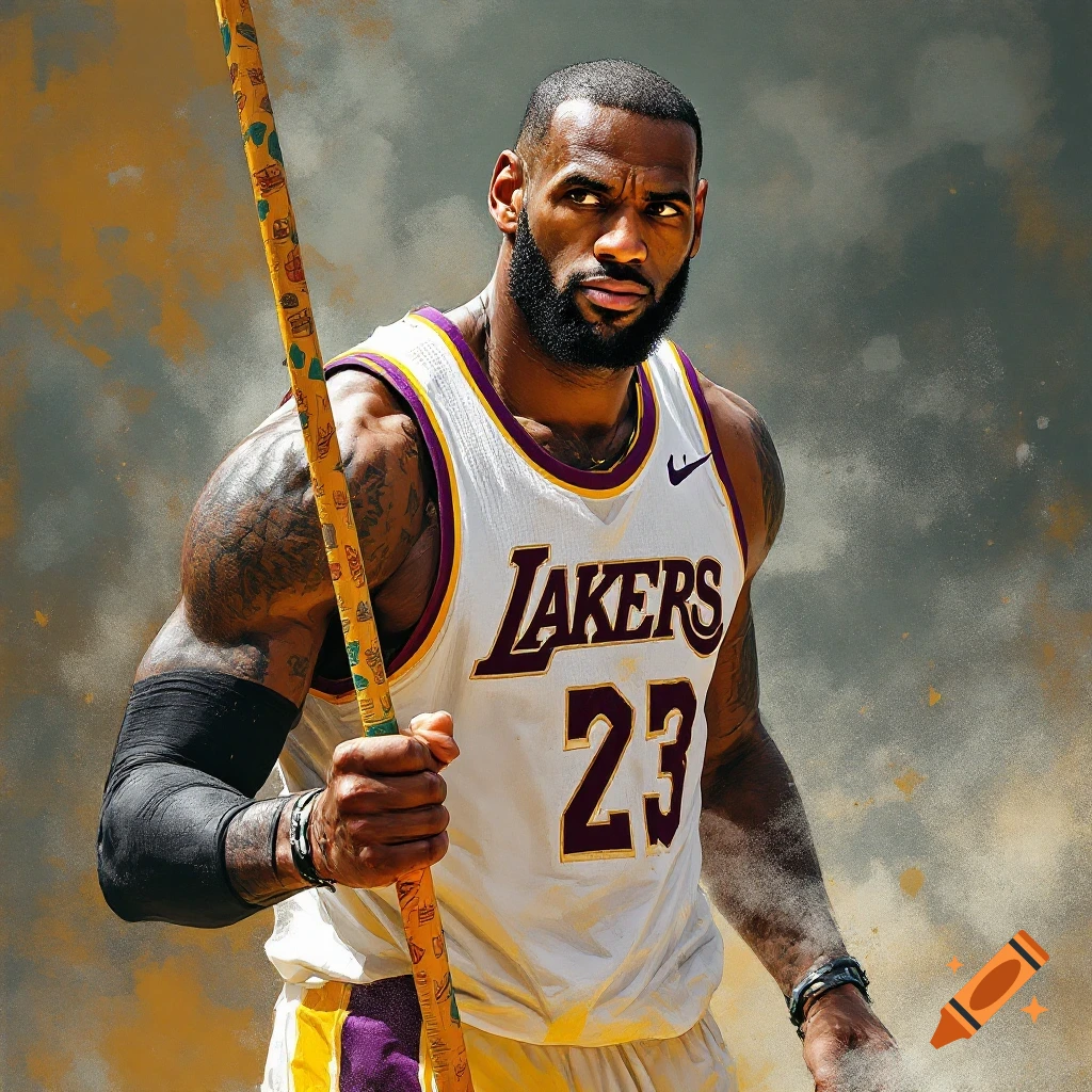 LeBron James in a Lakers jersey holding a long yellow stick
