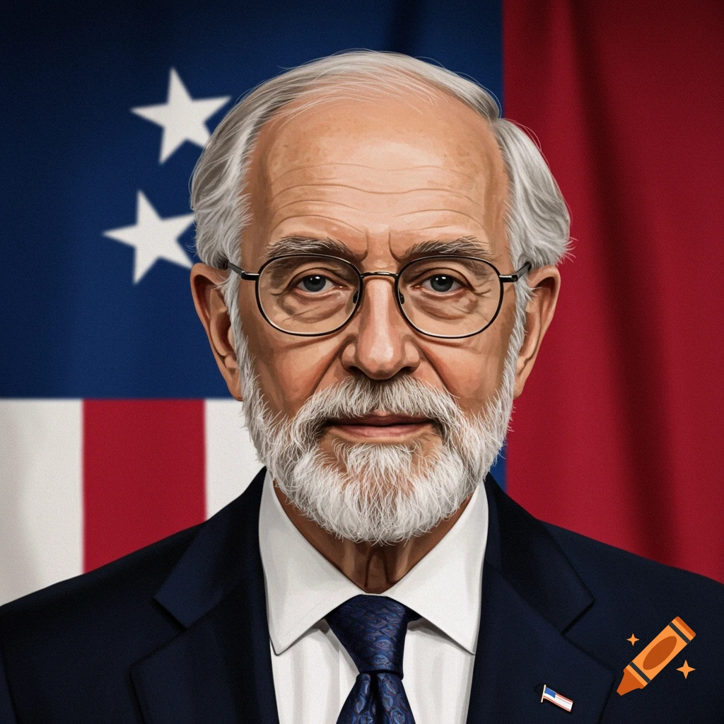 Portrait of an older man with beard and glasses in a suit and tie, against a red, white, and blue flag background.