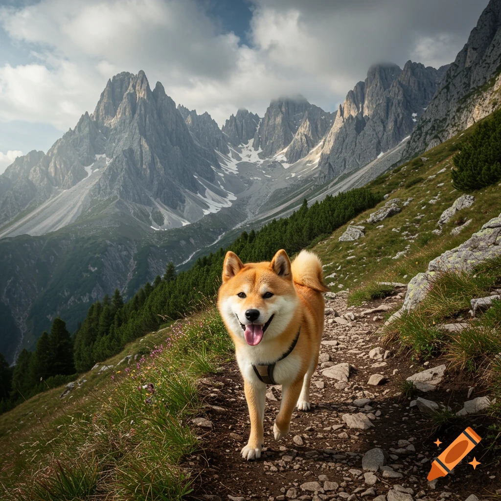 A photorealistic image of a Shiba Inu dog hiking on a trail in front of large mountains.