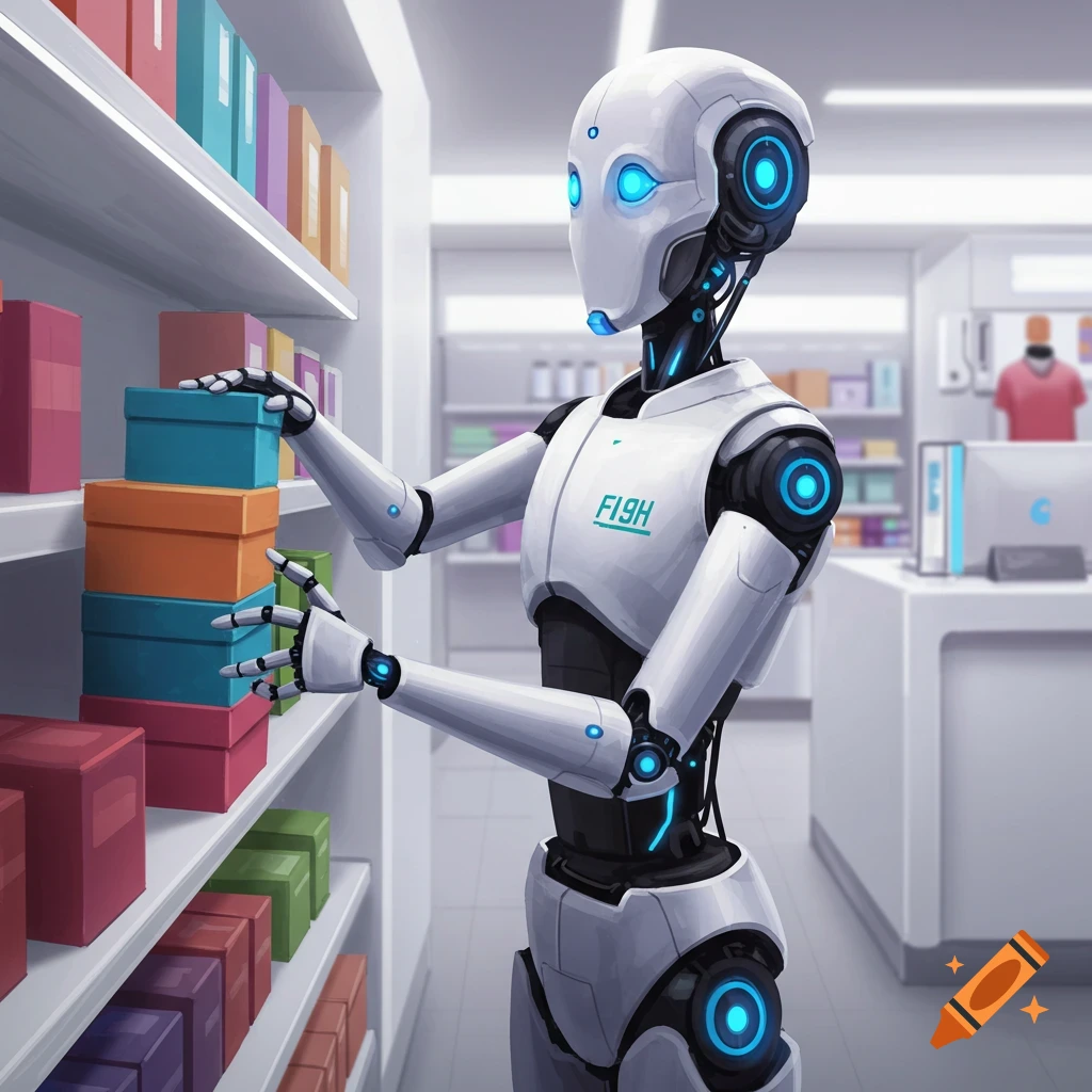 Illustration of a white robot in a store reaching for boxes on a shelf.