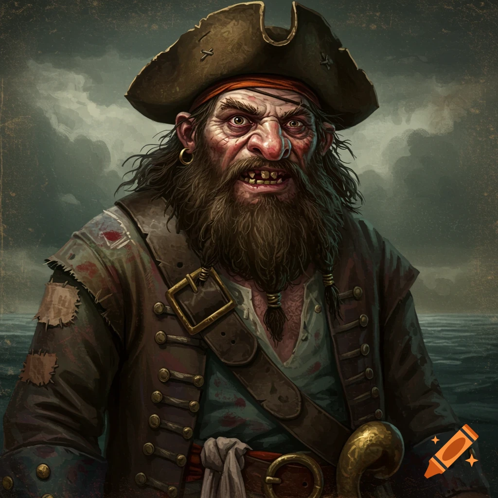 Portrait of an ugly pirate with a beard, eyepatch, and patched coat against a stormy sea.