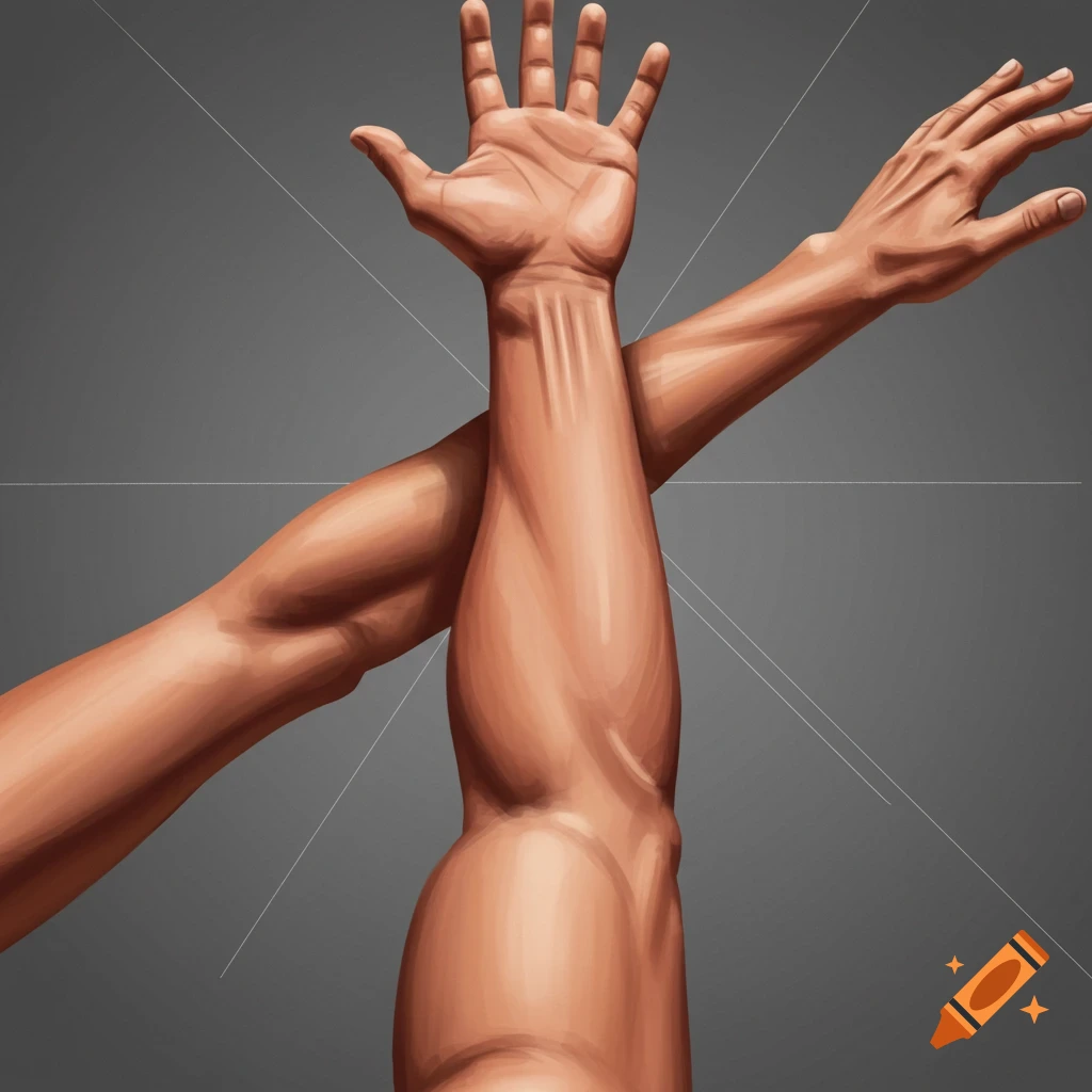 An illustration of two arms crossing each other, one hand raised with fingers spread.