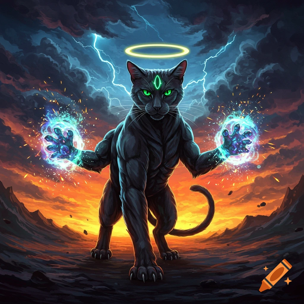 Muscular black cat with glowing eyes, halo, and energy spheres in a storm over a fiery landscape.