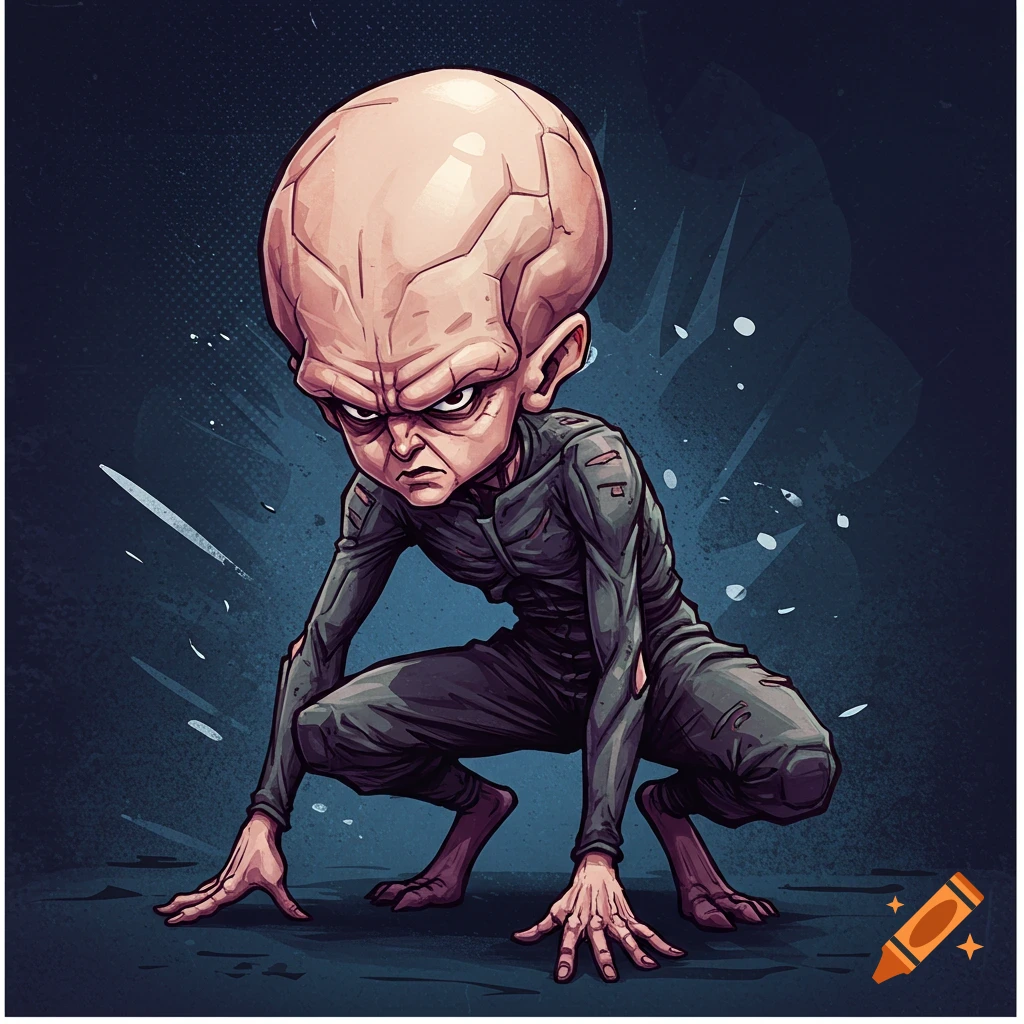 Cartoon illustration of a crouching alien creature with a large head and angry expression.