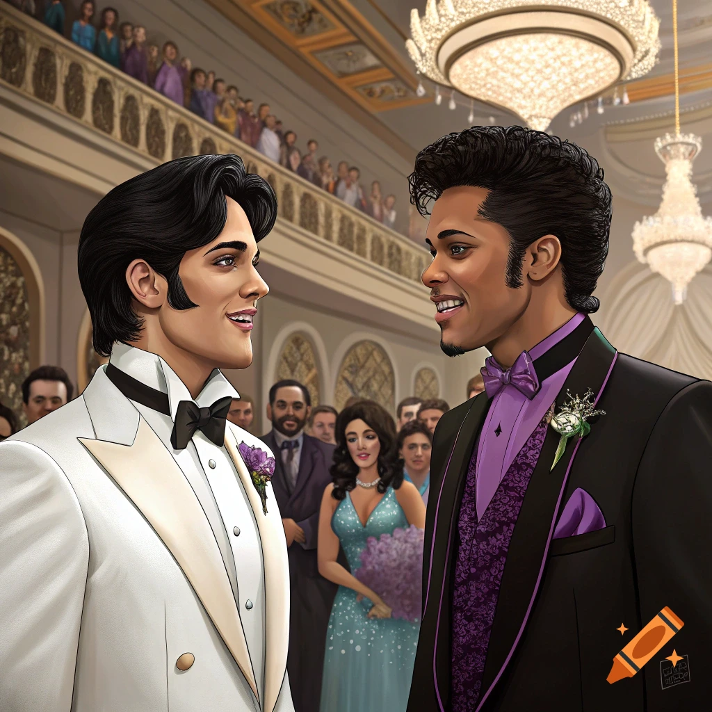 Two men in formal wear smile at each other in a grand ballroom at their wedding.