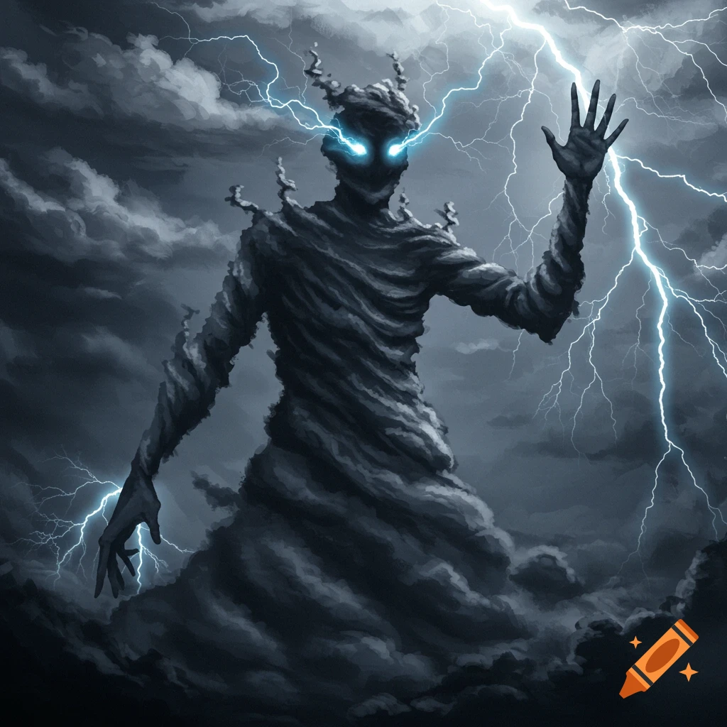 Storm cloud creature with glowing eyes commanding lightning in a dark sky, fantasy art.