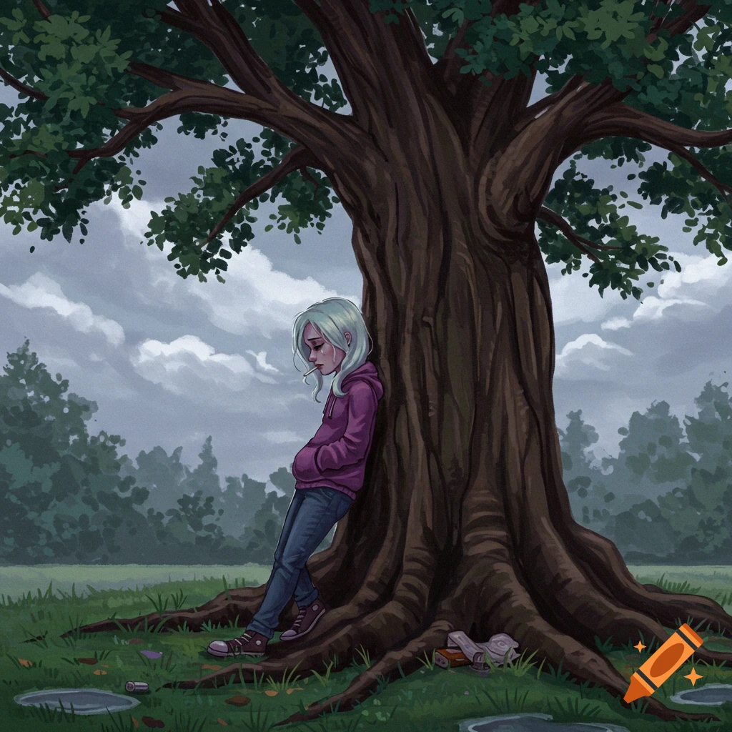 Illustration of a sad person with a cigarette leaning against a large tree on a cloudy day.