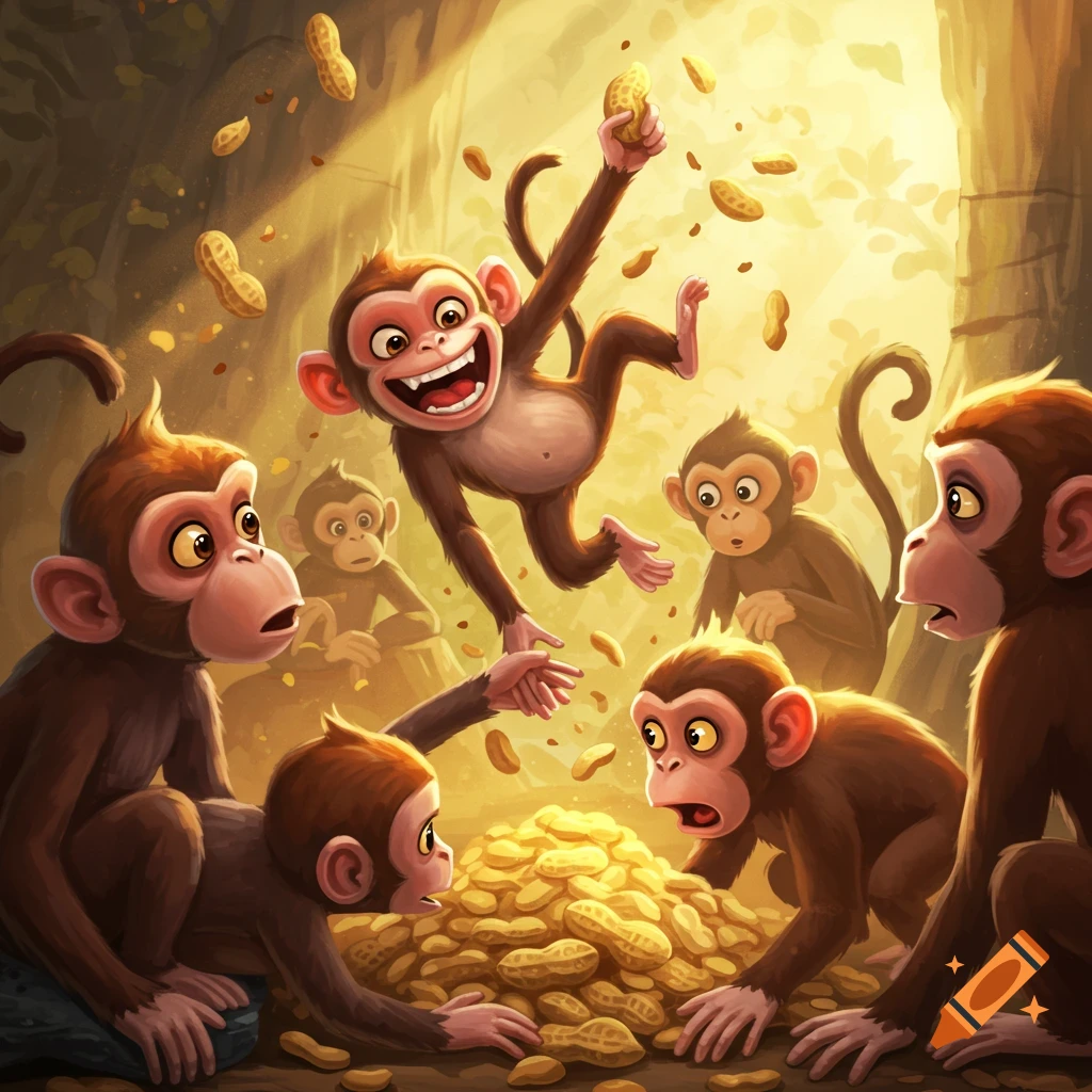 Cartoon monkeys playing around a large pile of peanuts in a forest.